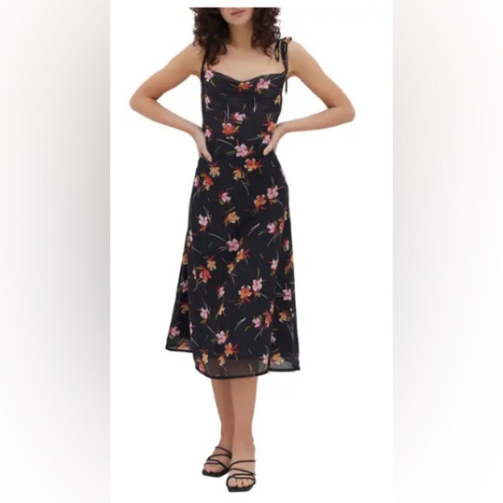 Black floral spaghetti tie strap flowy midi dress medium